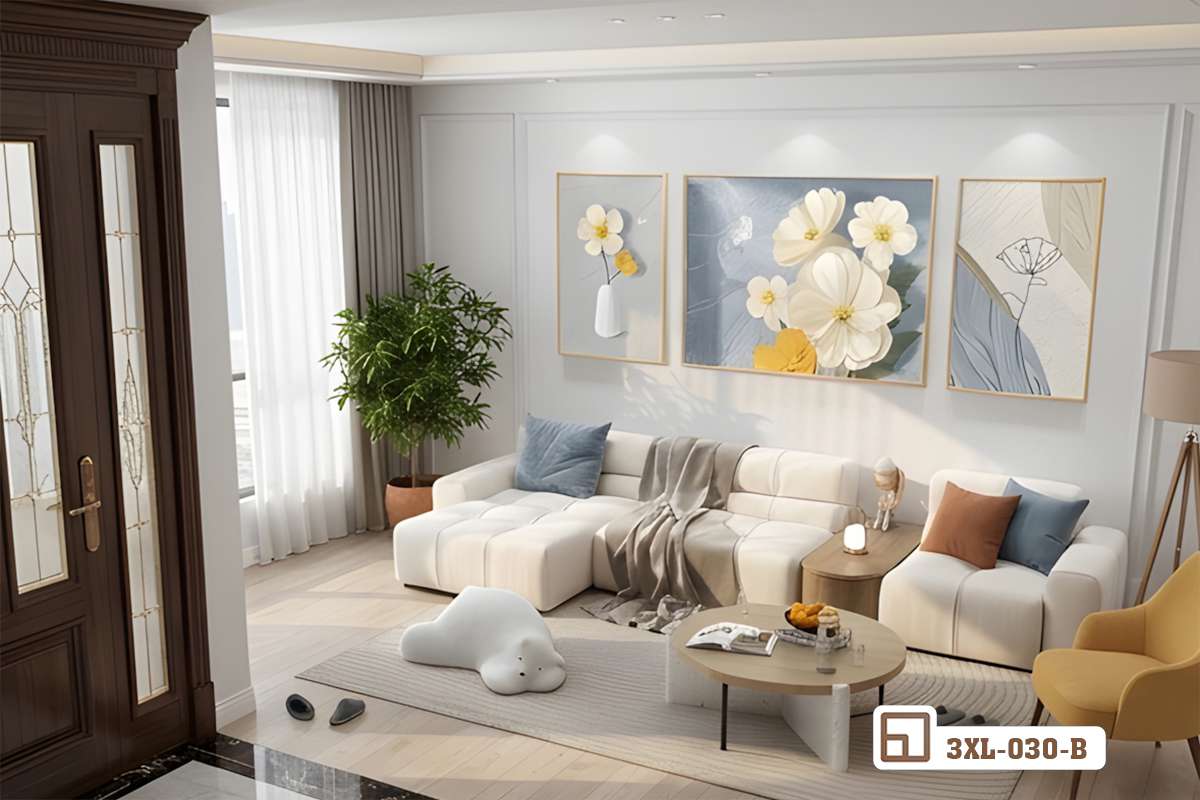 tranh hoa trắng tĩnh vật kết hợp đèn rọi ray chiếu sáng Hệ thống đèn rọi ray chiếu sáng làm bừng sáng bộ tranh hoa trắng tĩnh vật trên mảng tường xám