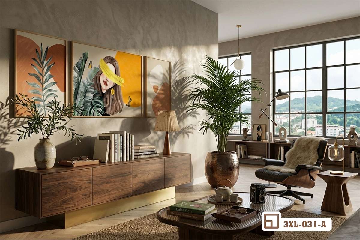 tranh cô gái treo tường kết hợp kệ gỗ óc chó cao cấp Bộ tranh cô gái treo tường tinh tế kết hợp hài hòa cùng kệ gỗ óc chó và bình hoa gốm mộc mạc