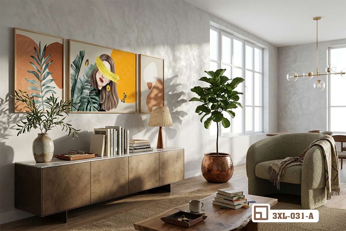 tranh nghệ thuật cô gái bố trí góc phòng khách sang trọng Góc nhìn cận cảnh tranh nghệ thuật cô gái bố trí sang trọng trong không gian phòng khách hiện đại