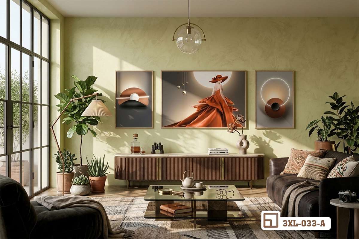 tranh quý cô váy đỏ treo tường phòng khách hiện đại cạnh tủ gỗ thấp Bức tranh quý cô váy đỏ nổi bật trên mảng tường sáng sủa trong phòng khách hiện đại kết hợp tủ gỗ dài thấp