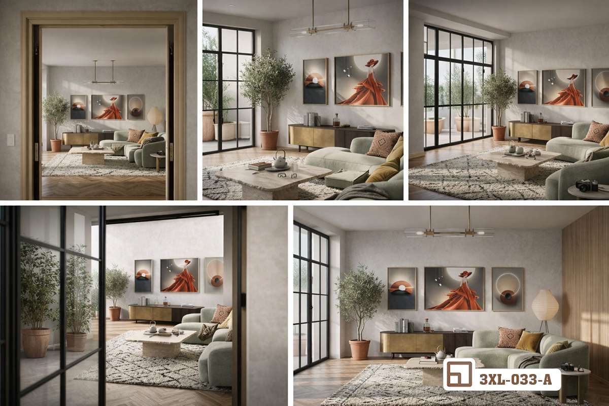 bố cục tổng thể phòng khách với tranh quý cô váy đỏ góc nhìn từ nhiều hướng khác nhau Góc nhìn tổng quan đa chiều về không gian nội thất sang trọng được điểm xuyết bằng bộ tranh quý cô váy đỏ cao cấp