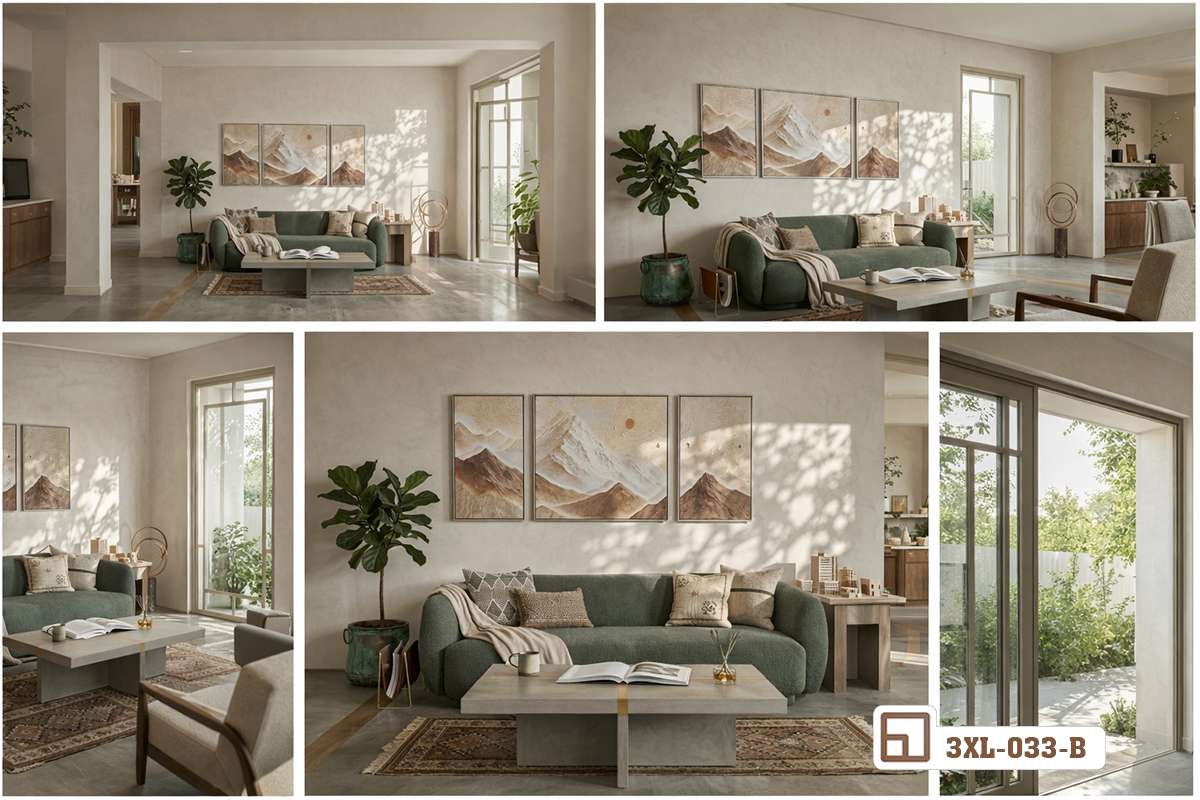 khung hình tổng hợp các góc chụp phối cảnh không gian phòng khách treo tranh núi đồi hình ảnh collage tổng hợp các góc bố trí tranh núi đồi nghệ thuật trong nhà