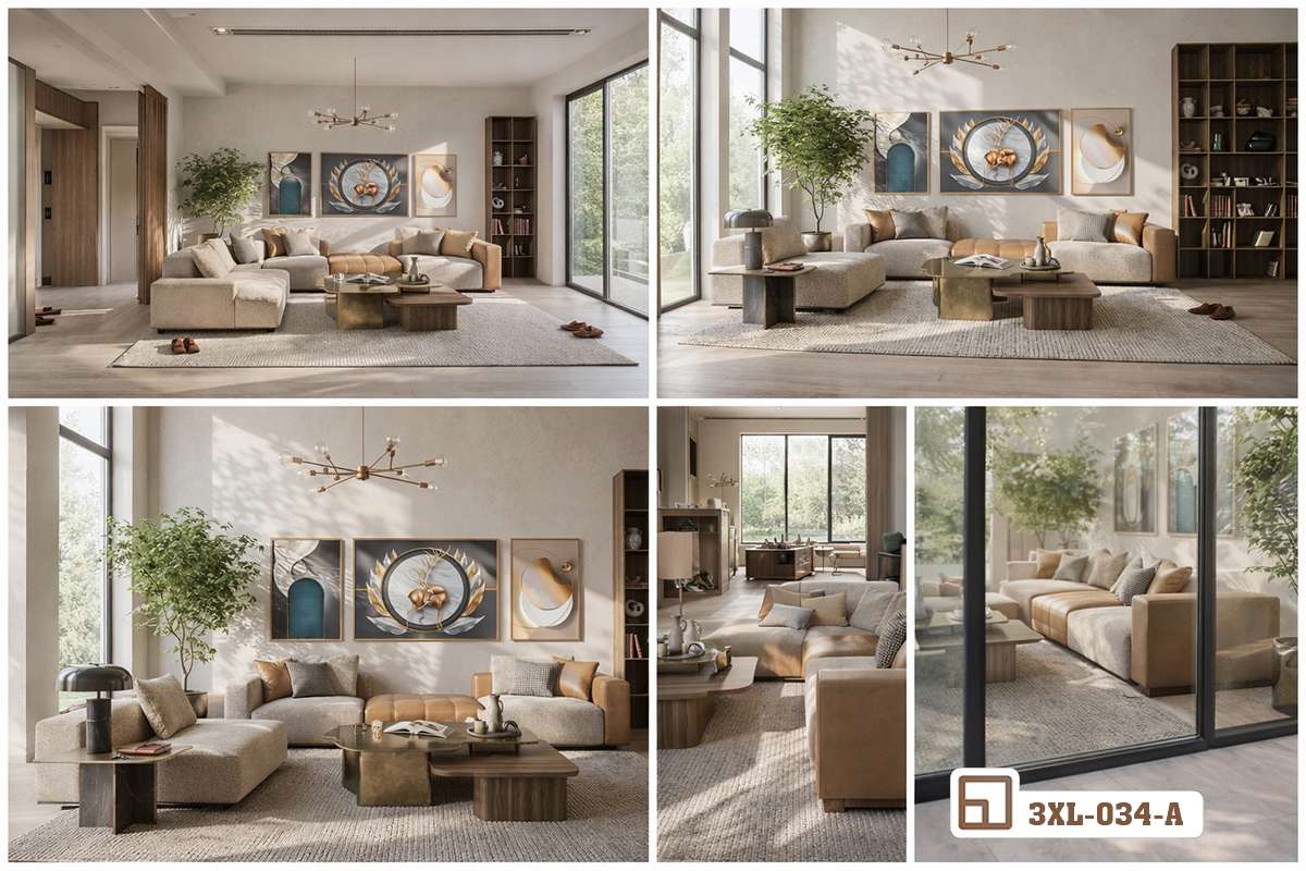 tranh hươu vàng góc chụp cận cảnh chi tiết đường nét ánh kim tinh xảo Cận cảnh bề mặt sắc nét và hiệu ứng ánh kim cao cấp của bộ tranh hươu vàng nghệ thuật đa tầng