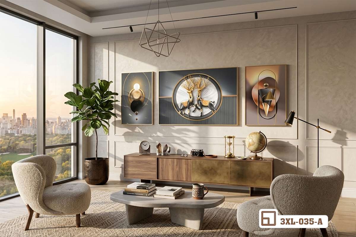 tranh hươu phong thủy treo tường phòng khách hiện đại cạnh tủ gỗ dài Bức tranh hươu phong thủy nổi bật trên mảng tường sáng sủa trong phòng khách kết hợp tủ gỗ thấp và ghế bành