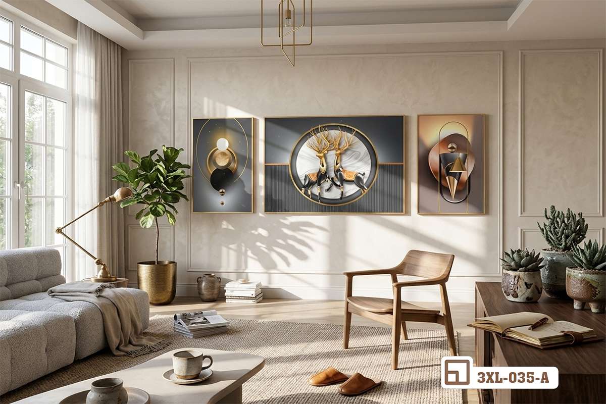 tranh hươu phong thủy trưng bày phòng khách có ghế sofa dài và thảm trải sàn Không gian phòng khách sang trọng bố trí bộ tranh hươu phong thủy kết hợp ghế sofa êm ái và đèn đứng hiện đại