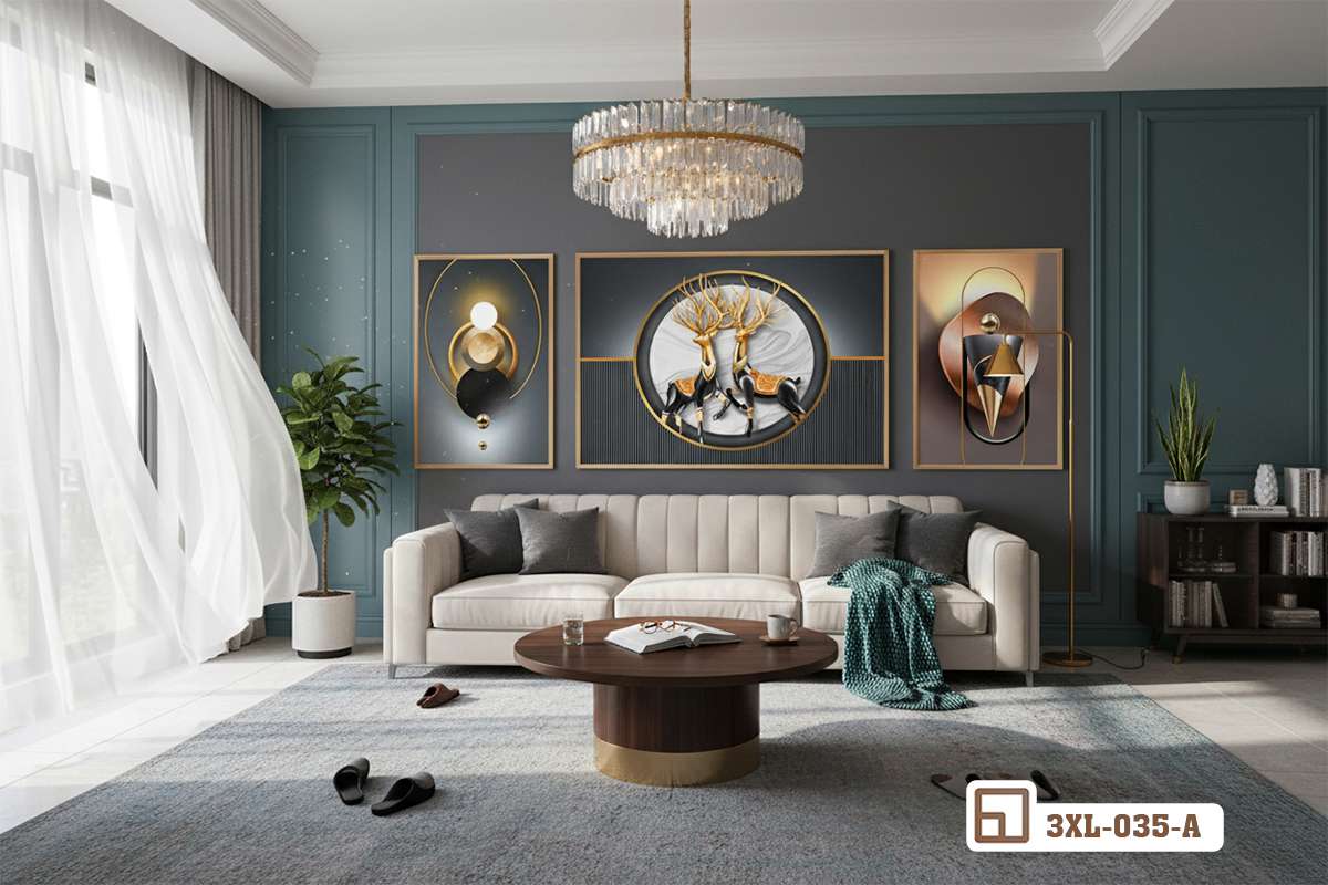 tranh hươu phong thủy đặt trong không gian mở kết hợp cây xanh và thảm lông Không gian mở hiện đại với sự hiện diện của bộ tranh hươu phong thủy kết hợp cây xanh và nội thất cao cấp
