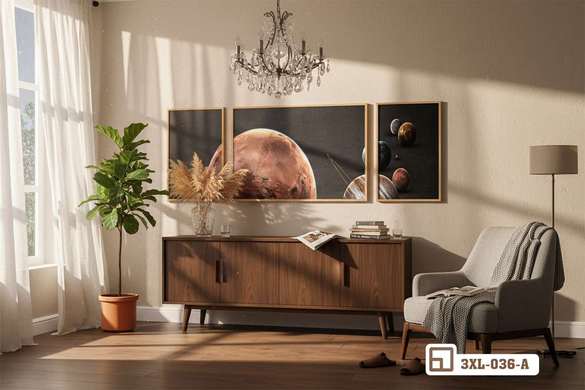 tranh vũ trụ huyền ảo bài trí bên cạnh bàn console gỗ và ghế sofa đơn êm ái Không gian phòng khách ngập tràn ánh sáng với bộ tranh vũ trụ huyền ảo đặt cạnh cửa sổ lớn