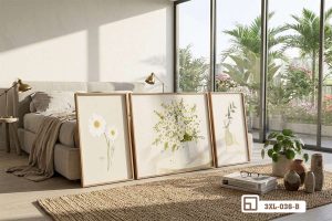 Tranh hoa cúc trắng - Bản hòa ca bình yên cho ngôi nhà thân yêu 3XL 036 B m4 tranh hoa cuc trang goc nhin ban cong xanh mat lang man xuongtranhcanvas