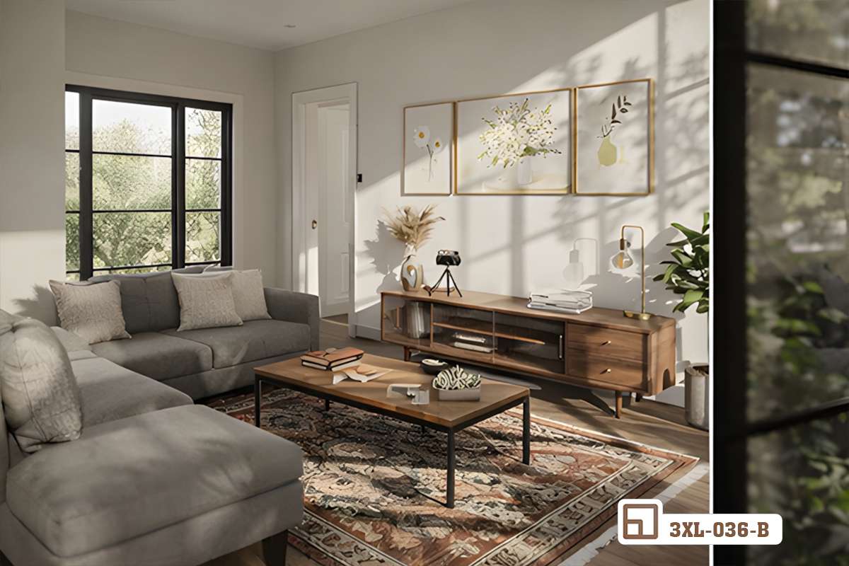 bức tranh hoa cúc trắng góc nhìn từ phòng khách sang trọng Góc nhìn tổng quát từ không gian phòng khách hướng về bộ tranh hoa cúc trắng tinh tế ấm cúng