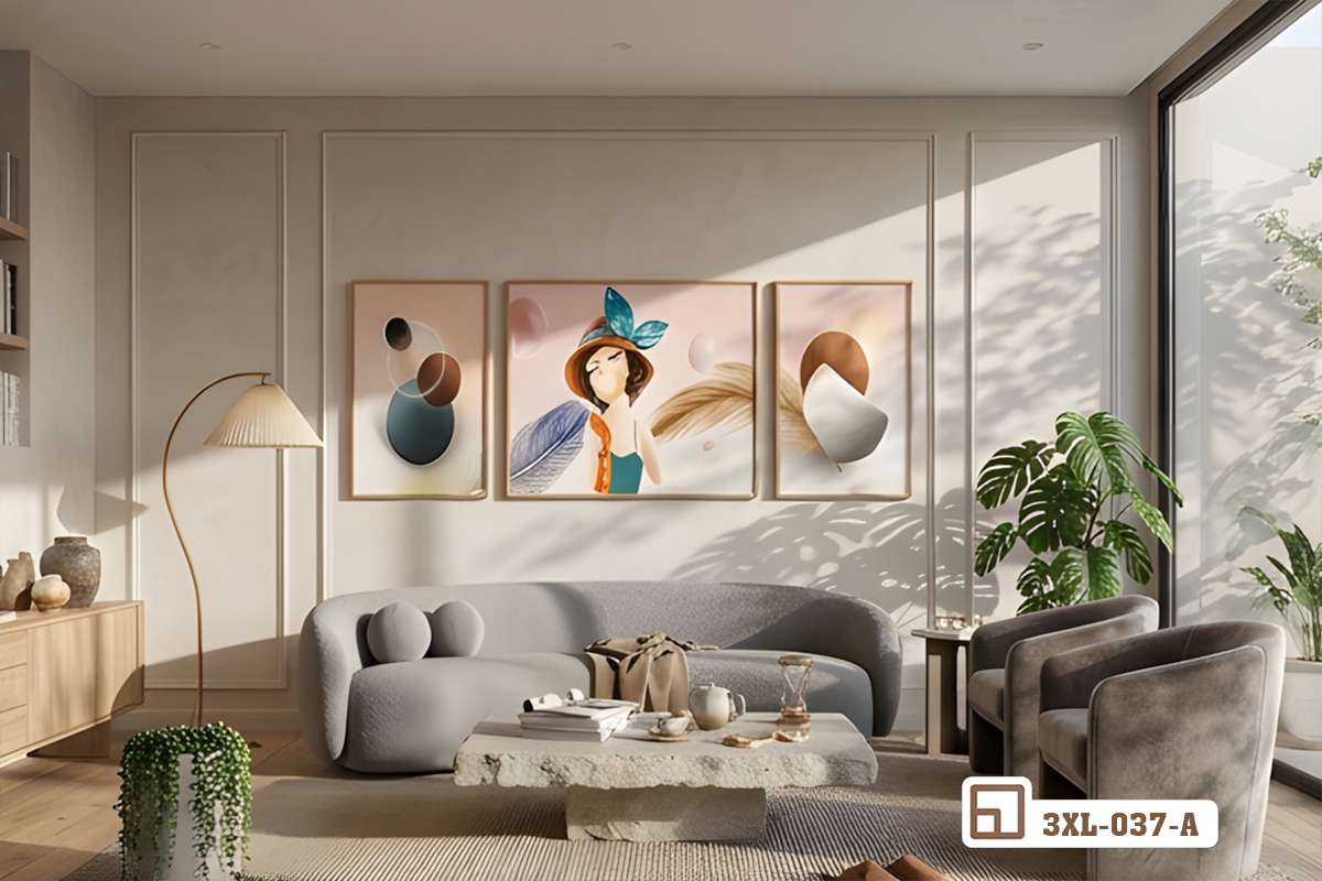 tranh thiếu nữ nghệ thuật treo tường phía trên ghế sofa phòng khách ấm cúng Bộ tranh thiếu nữ nghệ thuật bố trí trang nhã trên tường phòng khách dưới ánh nắng tự nhiên rực rỡ và thơ mộng