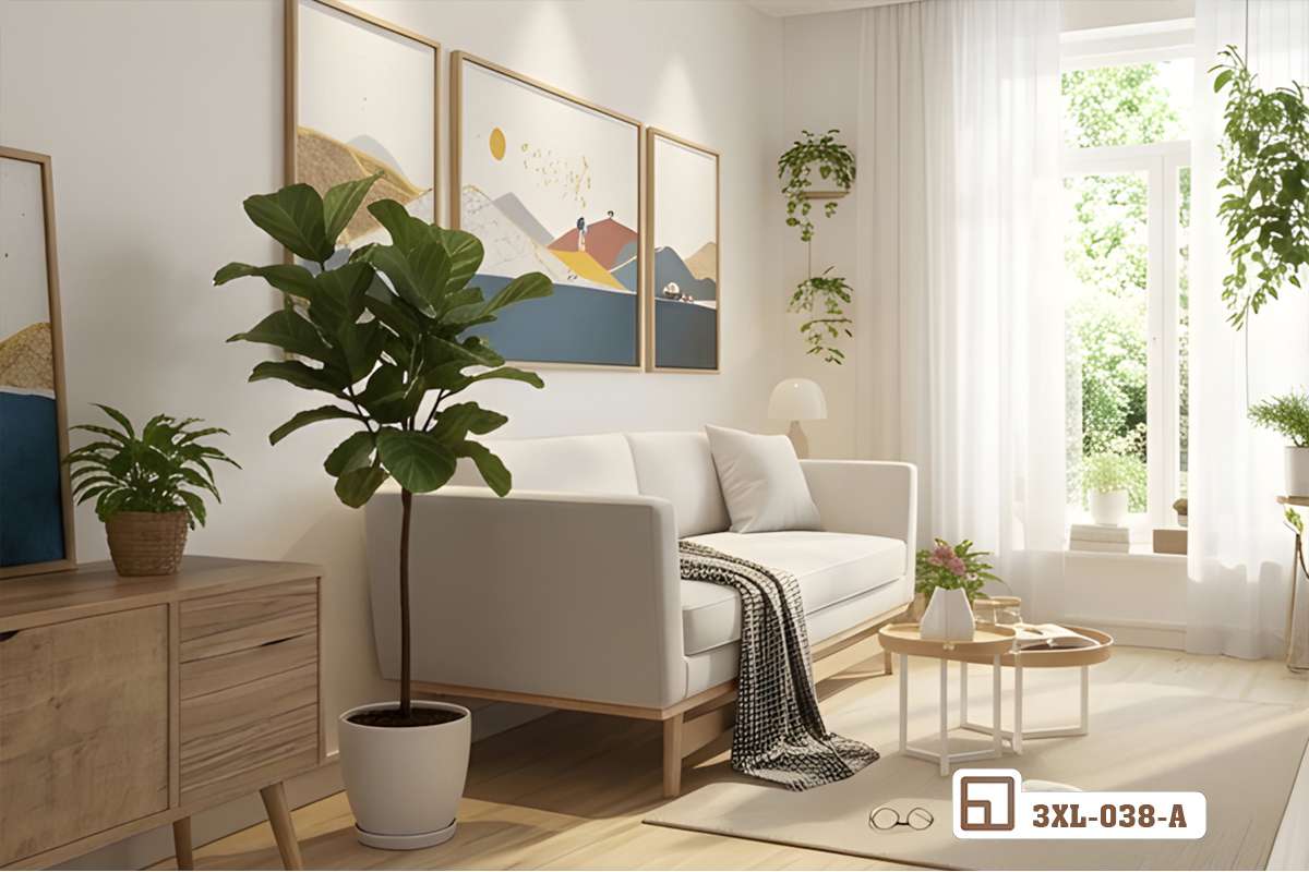 tranh đồi núi trang trí phòng khách ánh sáng tự nhiên Ánh sáng tự nhiên chiếu rọi vào bộ tranh phong cảnh đồi núi treo trên bức tường phòng khách lớn