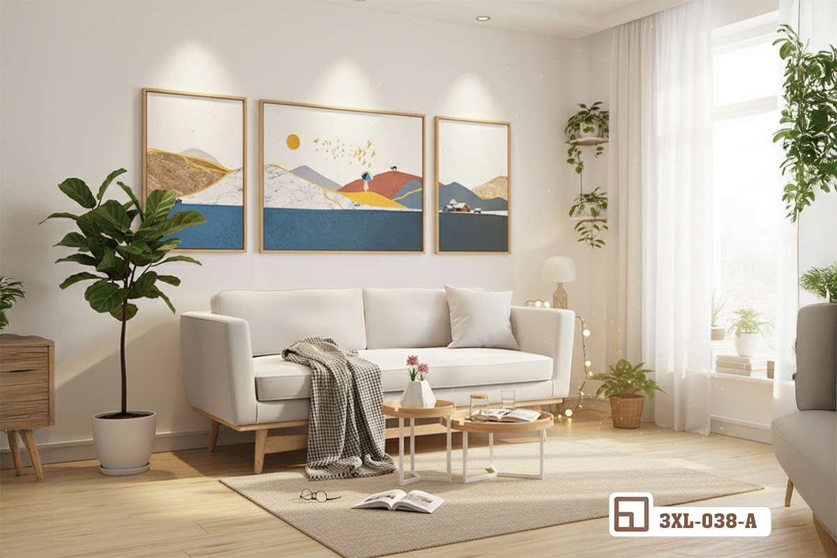 tranh phong cảnh đồi núi treo tường phòng khách đèn hắt Bộ tranh phong cảnh đồi núi được chiếu sáng bởi đèn rọi chuyên dụng trong không gian phòng khách