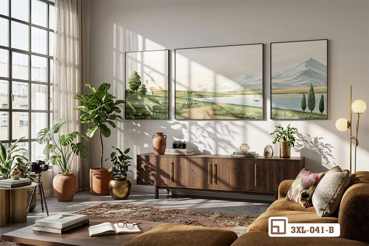 tranh phong cảnh làng quê kết hợp khung cửa kính lớn tràn ngập ánh sáng Góc nhìn toàn cảnh bộ tranh phong cảnh làng quê bên khung cửa kính ngập tràn ánh sáng tự nhiên