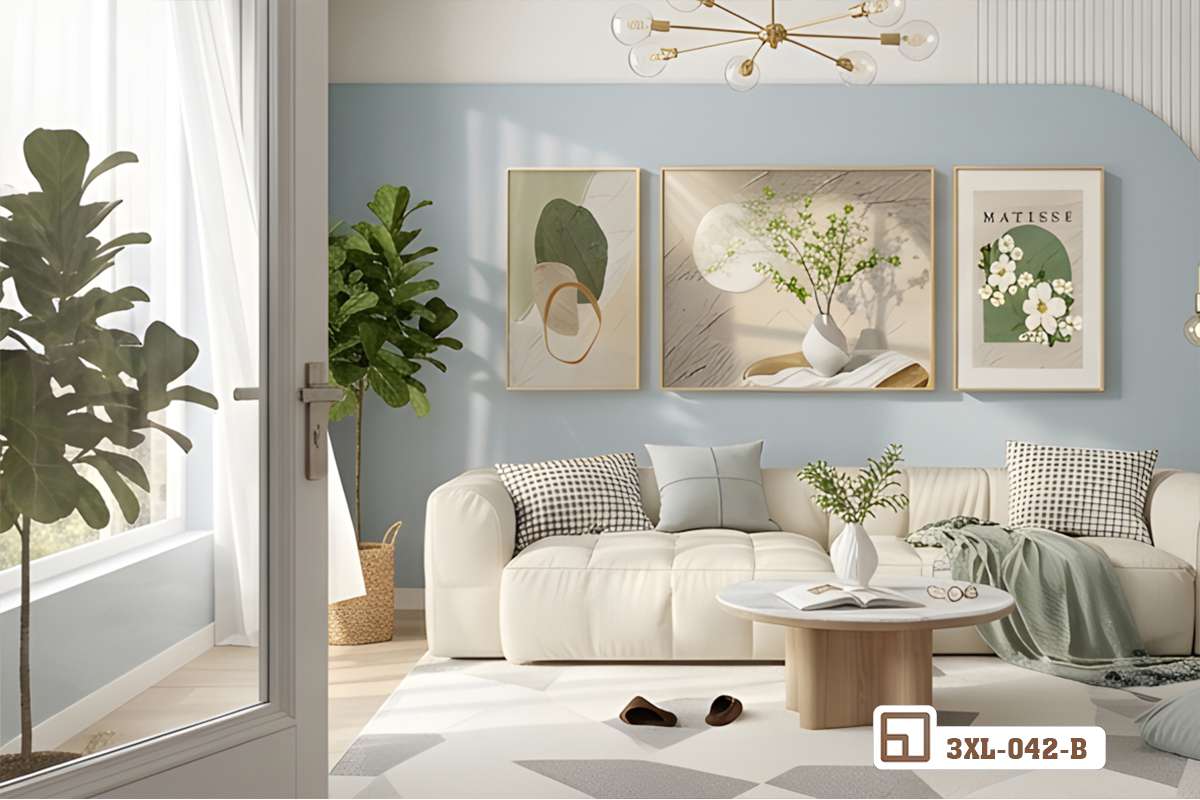 tranh hoa trắng nghệ thuật bố trí đối diện khung cửa kính lớn đón ánh nắng tự nhiên ấm áp Góc chụp nghiêng tinh tế bộ tranh hoa trắng nghệ thuật phản chiếu ánh sáng tự nhiên qua khung cửa kính