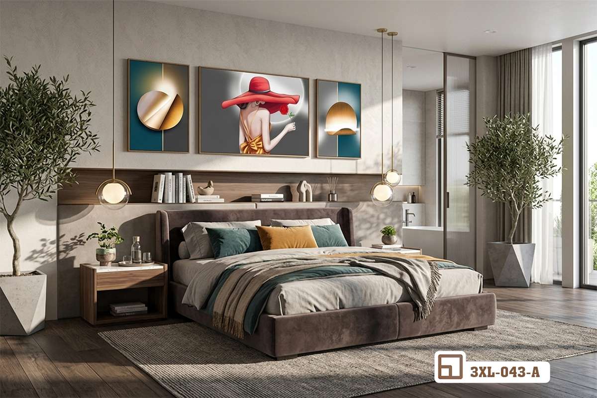 bộ tranh canvas thiếu nữ váy đỏ treo tường phòng ngủ hiện đại Bộ tranh canvas chủ đề thiếu nữ váy đỏ được treo sang trọng trên mảng tường phòng ngủ tinh tế dưới ánh đèn