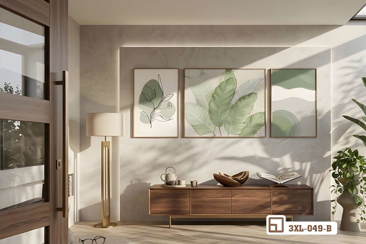 tranh lá cây nhiệt đới phối cảnh góc rộng phòng khách bàn gỗ tự nhiên Góc chụp tổng thể phòng khách với điểm nhấn bộ tranh lá cây nhiệt đới và bàn gỗ tự nhiên