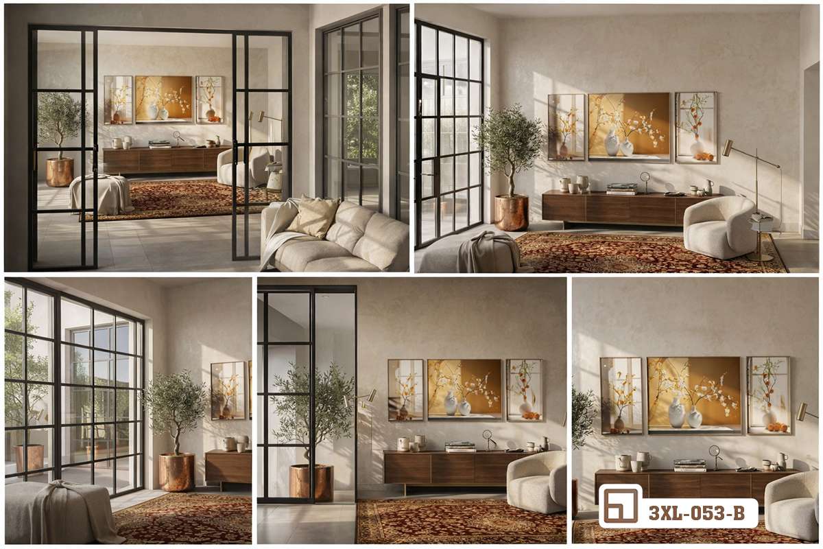 bộ tranh bình hoa quả ngọt trang trí khu vực sinh hoạt chung cạnh cửa sổ lớn đón nắng vàng Góc sinh hoạt chung bừng sáng nhờ bộ tranh bình hoa quả ngọt đặt cạnh khung cửa kính đón ánh nắng ban mai