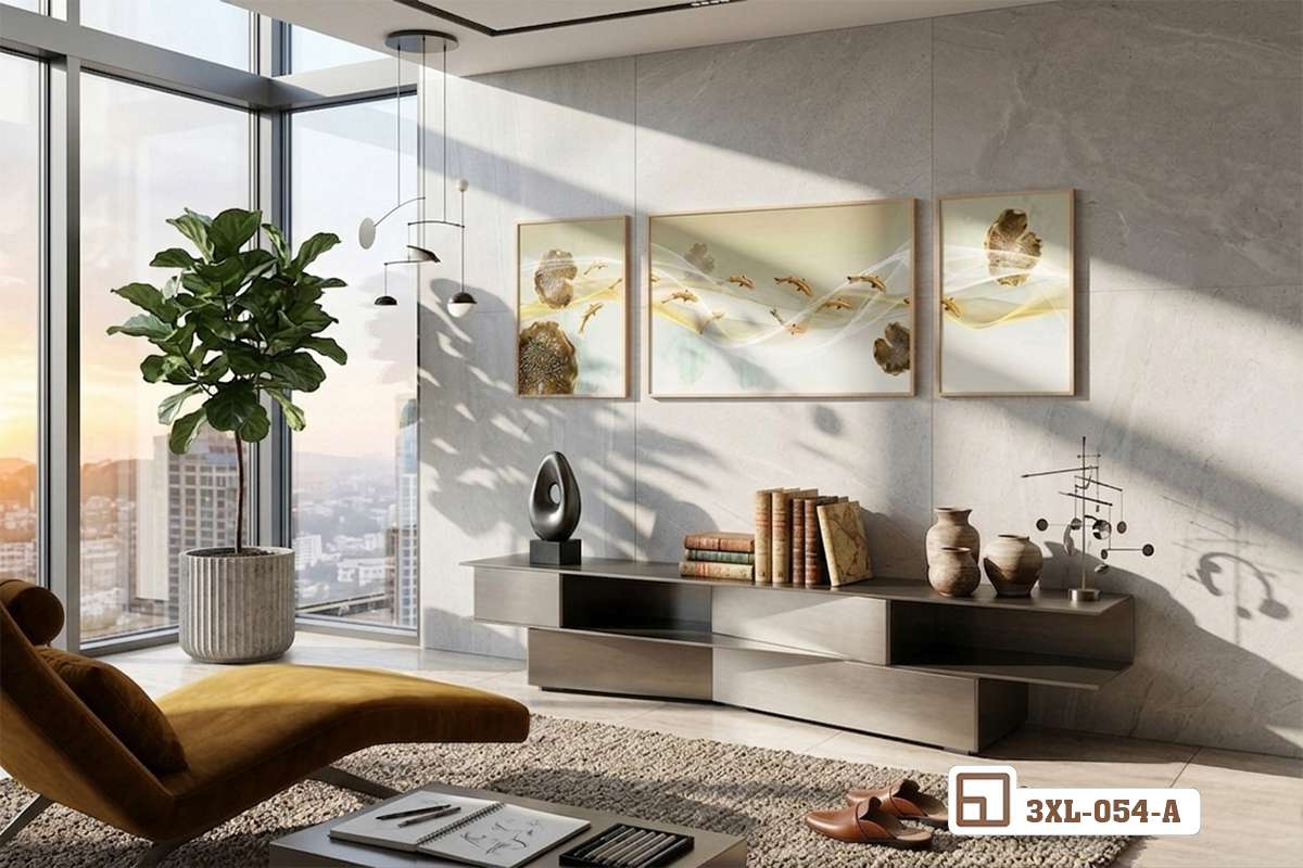 tranh dòng suối cá treo tường kết hợp kệ tủ thấp và thảm trải sàn lông mềm mại Góc nhìn cận cảnh bộ tranh dòng suối cá treo trên tường bên dưới là kệ tủ thấp hiện đại và thảm trải sàn màu beige ấm cúng