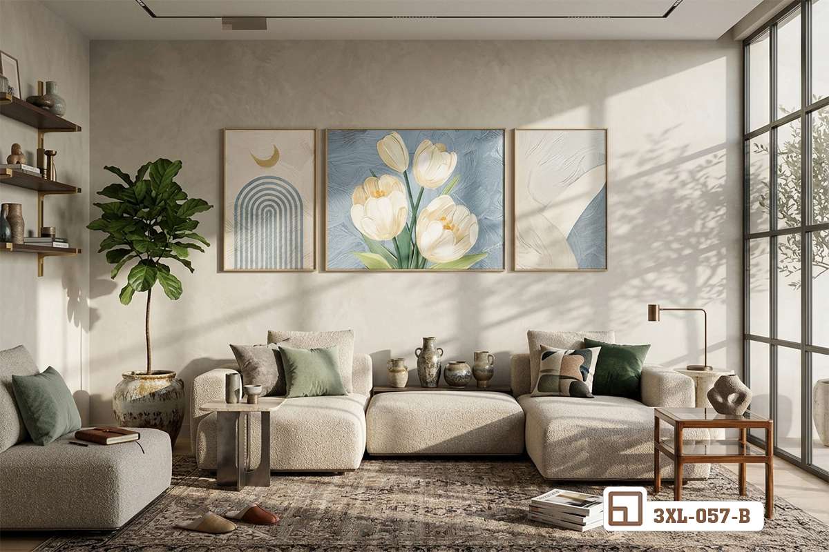 bố cục tranh hoa tulip nghệ thuật treo phía trên ghế sofa góc rộng trong phòng sinh hoạt chung phòng khách cao cấp bài trí tranh hoa tulip nghệ thuật kết hợp thảm trải sàn dệt sợi tự nhiên
