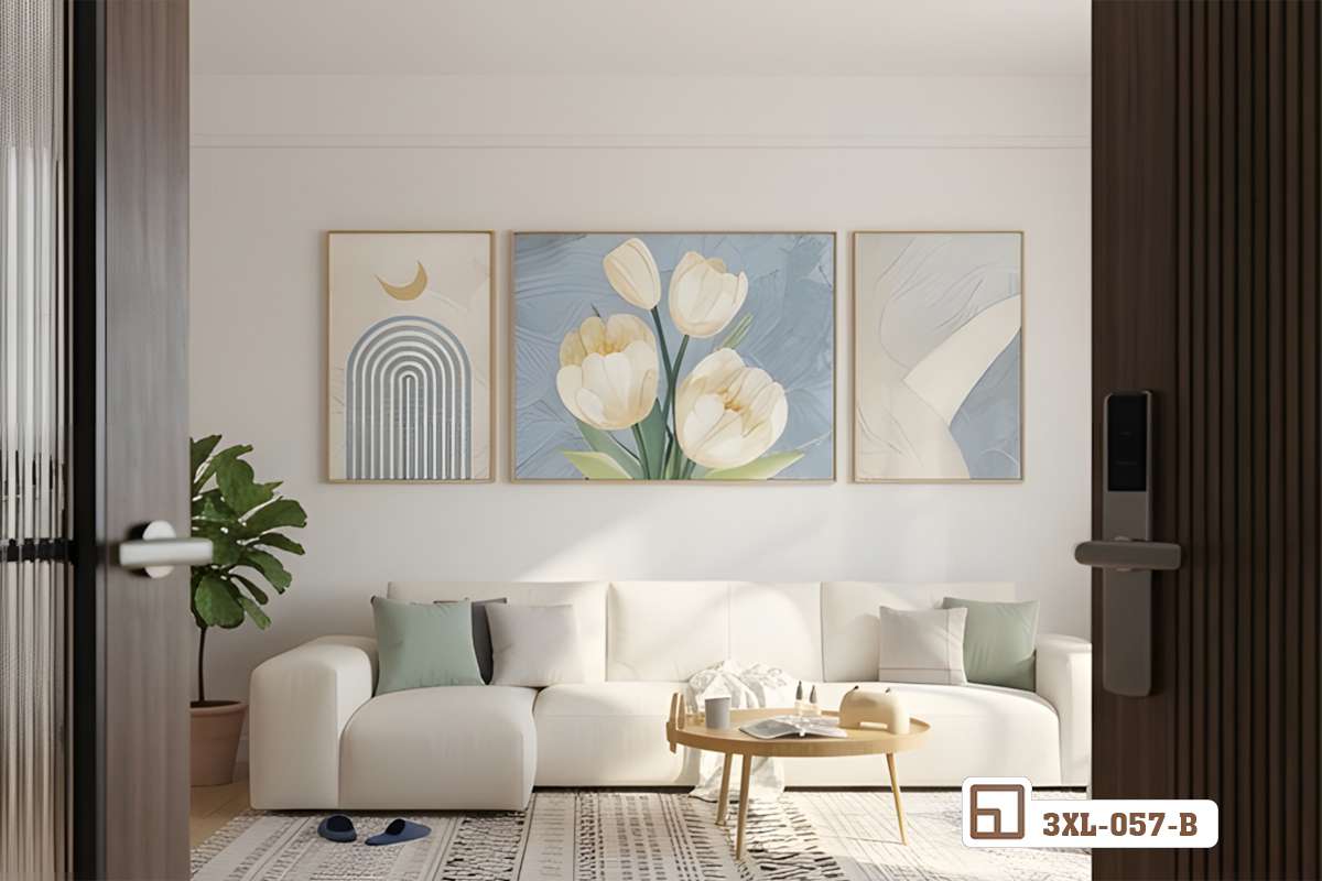 tranh hoa tulip nghệ thuật treo tường phòng khách nhìn từ khung cửa chính với ánh sáng tự nhiên rực rỡ góc nhìn qua khung cửa vào phòng khách hiện đại được trang hoàng bởi bộ tranh hoa tulip nghệ thuật tinh tế