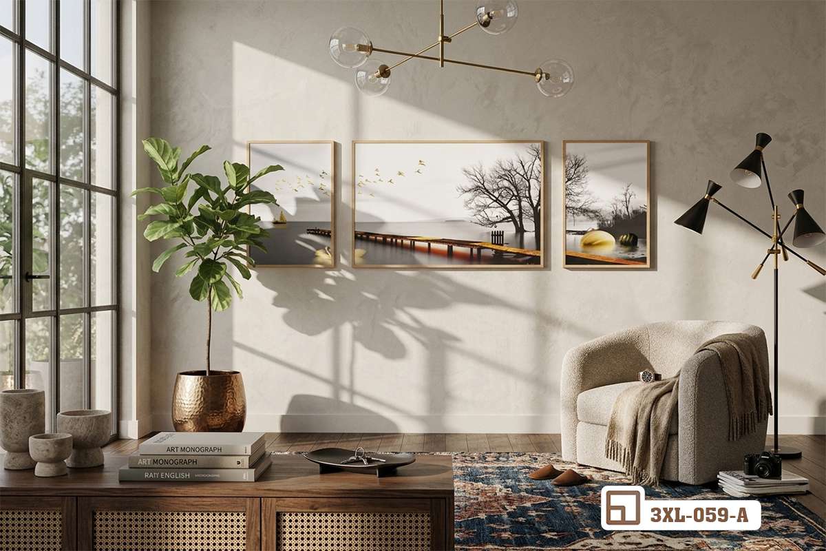 tranh phong cảnh hoàng hôn bố trí phía trên ghế sofa đơn bọc vải êm ái phòng khách Set tranh phong cảnh hoàng hôn treo tường phía trên ghế sofa đơn bọc vải và góc đọc sách