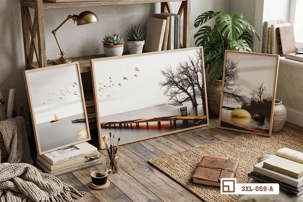 tranh phong cảnh hoàng hôn tựa trên sàn nhà giữa phòng khách ngập tràn ánh sáng tự nhiên Các bức tranh phong cảnh hoàng hôn được đặt tựa nghệ thuật dưới sàn nhà gần cửa sổ lớn