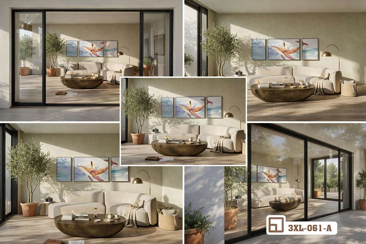 sắp đặt tranh cá voi nghệ thuật đối diện khung cửa kính lớn phản chiếu ánh nắng vàng Phối cảnh phòng khách hiện đại với bộ tranh cá voi nghệ thuật đón trọn ánh sáng tự nhiên chiếu rọi qua khung cửa kính lớn sát trần