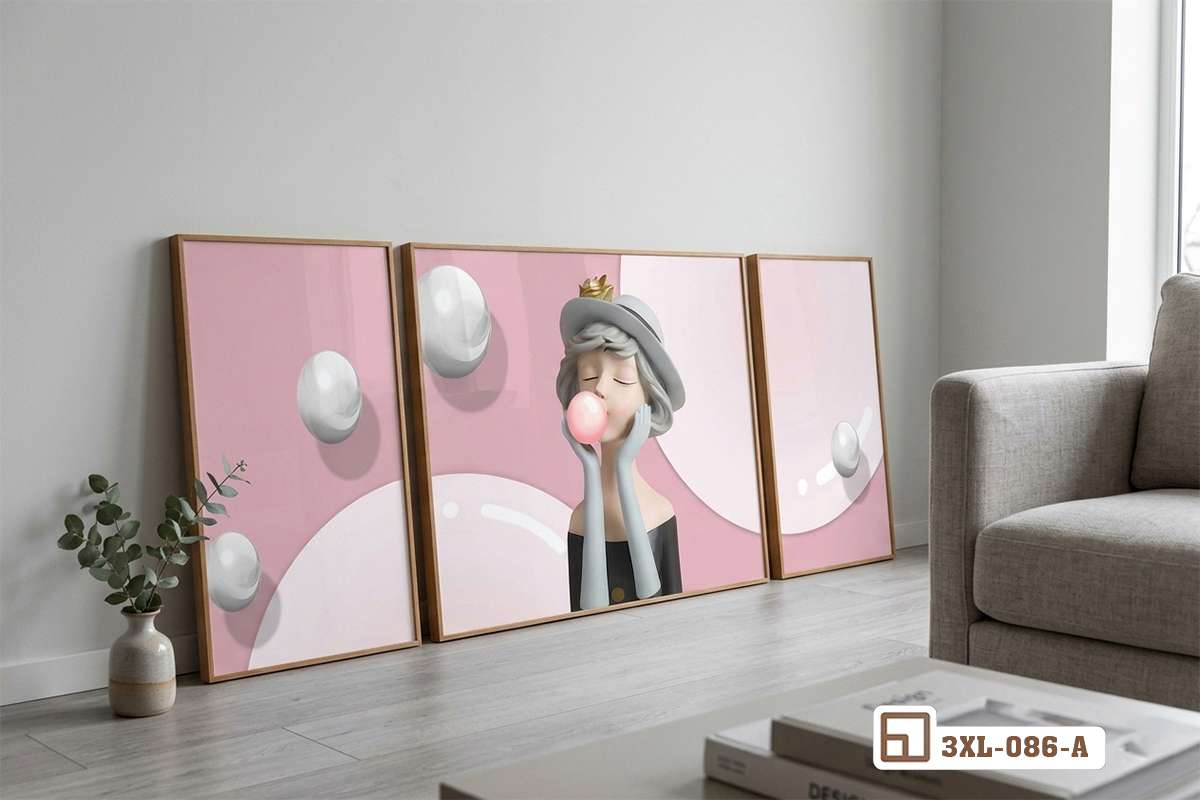 tranh nghệ thuật đương đại cô gái bong bóng đặt sát tường góc phòng Góc phòng khách ấm cúng được tô điểm bởi bộ tranh nghệ thuật đương đại cô gái bong bóng đặt sát sàn nhà