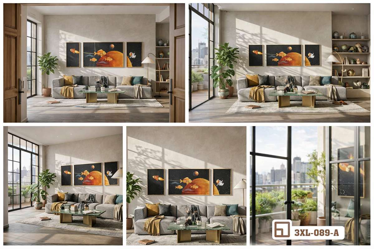 sắp đặt tranh vũ trụ phi hành gia đối diện khung cửa kính lớn phản chiếu ánh nắng tự nhiên Phối cảnh phòng khách hiện đại với bộ tranh vũ trụ phi hành gia đón trọn ánh sáng rực rỡ chiếu qua khung cửa kính sát trần