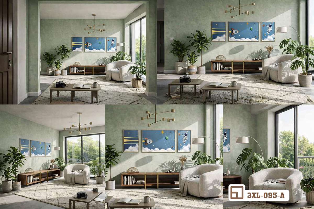 tranh phi hành gia không gian trưng bày trong nhiều góc phối cảnh nội thất phòng khách Tổng hợp các góc nhìn không gian phòng khách hiện đại với tranh phi hành gia không gian treo tường