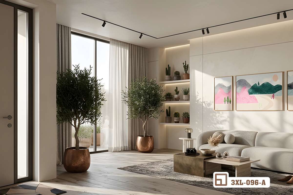 bộ tranh nghệ thuật treo tường phòng khách kết hợp tủ kệ gỗ Phối cảnh tổng thể bộ tranh nghệ thuật treo tường phong cảnh bố trí dọc theo bức tường lớn của phòng khách sang trọng có kệ tủ gỗ thấp