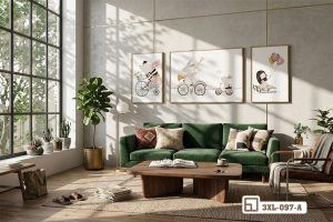 Tranh thỏ hồng đạp xe - Thế giới cổ tích ngọt ngào cho không gian sống 3XL 097 A m2 bo tranh tho hong dap xe treo tuong phong khach hien dai xuongtranhcanvas