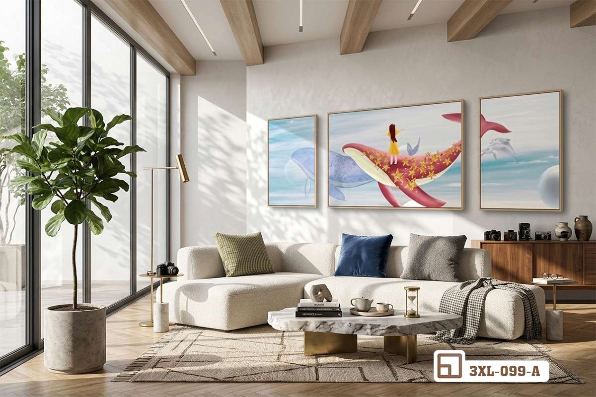 bộ tranh cô gái và cá góc nhìn từ khu vực tiếp khách Góc nhìn rộng bao quát không gian phòng khách hiện đại với bộ tranh cô gái và cá làm điểm nhấn nghệ thuật tinh tế.