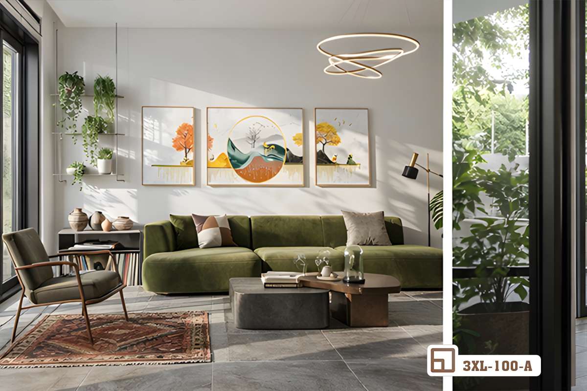 tranh treo phòng khách chủ đề mùa thu kết hợp chậu cây xanh tinh tế Không gian phòng khách hiện đại với điểm nhấn là bộ tranh phong cảnh mùa thu treo tường