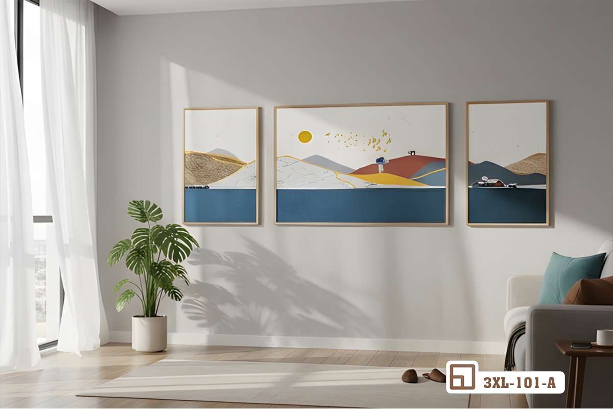 tranh phong cảnh đồi hoa treo trang trí mảng tường phẳng cạnh rèm cửa voan trắng tinh khôi Góc phòng khách với bộ tranh phong cảnh đồi hoa treo tường sang trọng kết hợp rèm cửa voan nhẹ nhàng bay bổng