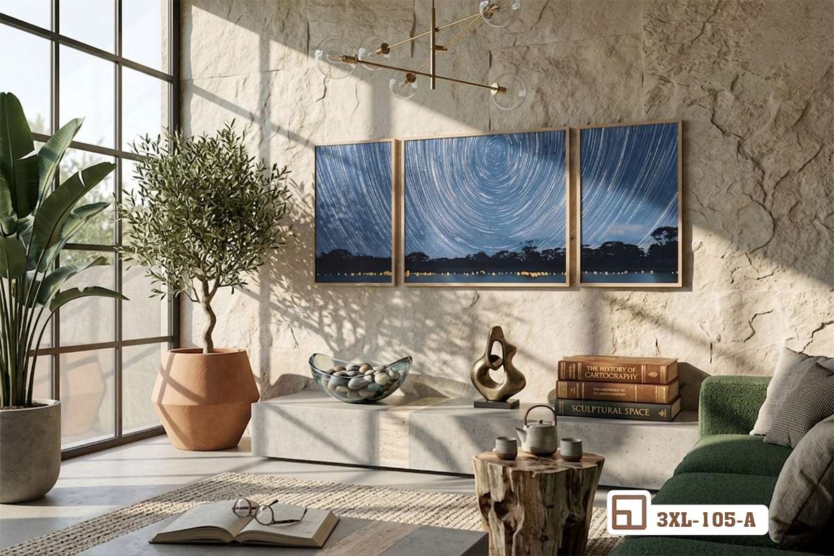 tranh canvas chủ đề bầu trời đêm sao bài trí bên chậu cây xanh phong cách tối giản Bộ ba bức tranh bầu trời đêm sao treo sát vách kính lớn ngập tràn ánh nắng tự nhiên