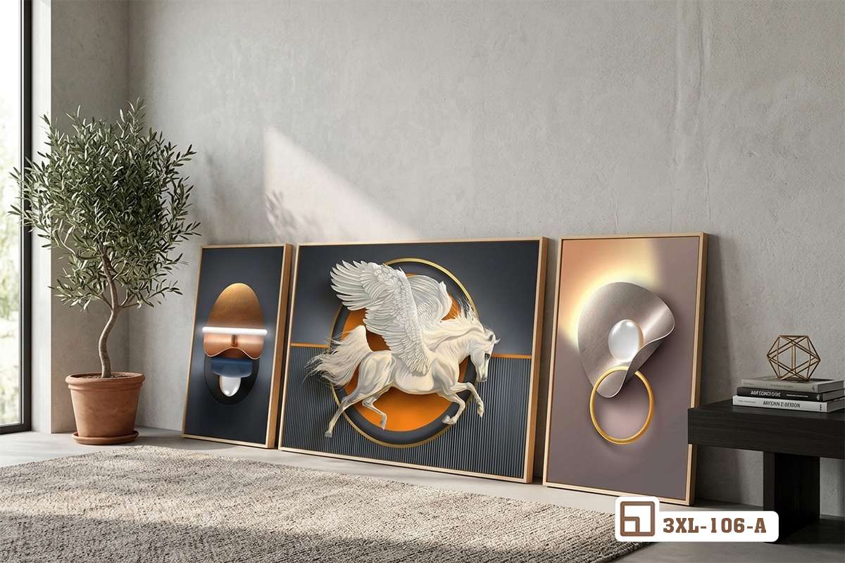 tranh ngựa có cánh bố trí trên thảm trải sàn cạnh kệ gỗ thấp và ghế sofa da nâu trầm Góc nhìn toàn cảnh bộ tranh ngựa có cánh đặt trên sàn nhà cạnh kệ tủ gỗ thấp mang phong cách mộc mạc