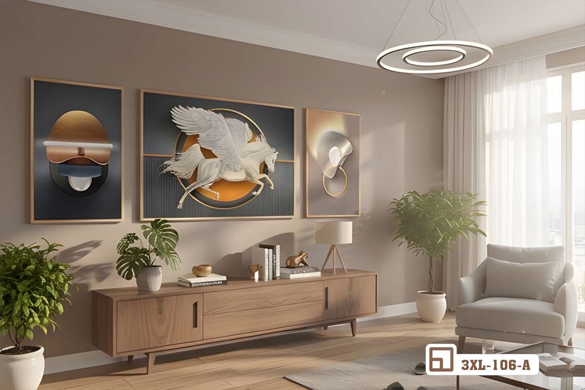tranh ngựa có cánh treo tường phía trên tủ gỗ dài đặt cạnh góc đọc sách của căn hộ Bức tranh ngựa có cánh điểm xuyết trên mảng tường trống gần góc thư giãn của không gian căn hộ hiện đại