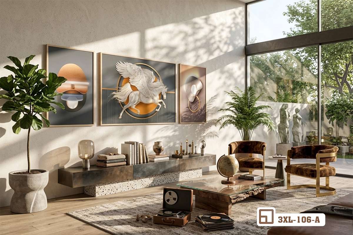 tranh ngựa có cánh bố trí cân đối trên bức tường phía trên kệ tủ gỗ dài sát cửa kính lớn Trang trí không gian phòng khách với bộ tranh ngựa có cánh treo tường ngay ngắn đón trọn ánh sáng trời