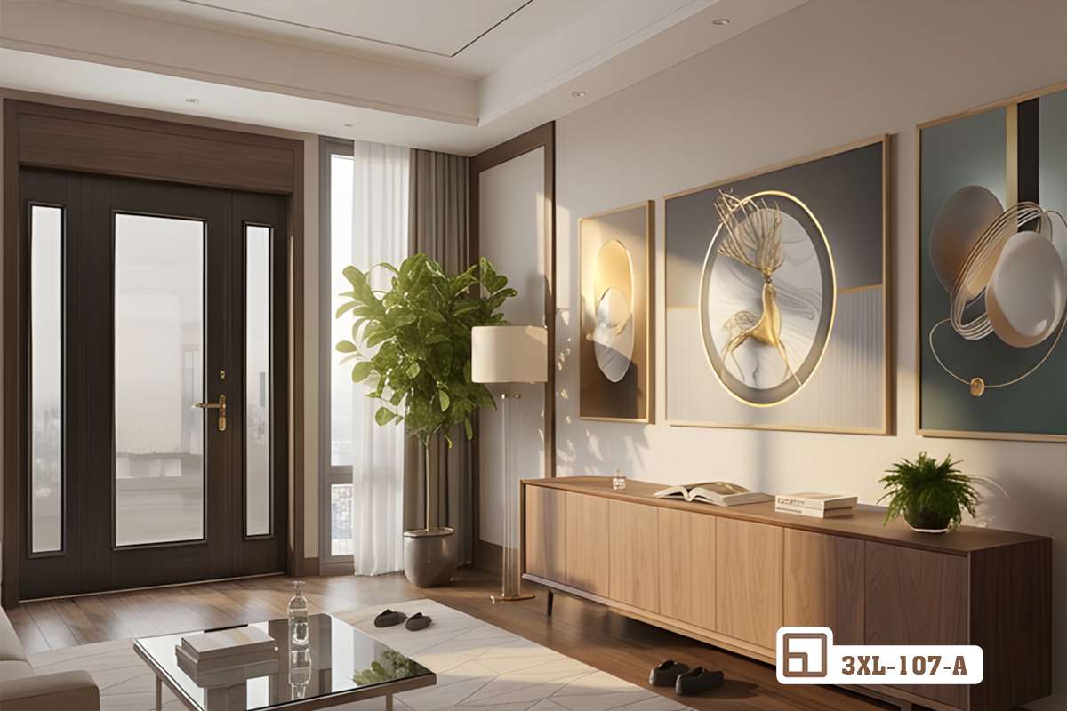 tranh hươu vàng phong thủy hướng nhìn từ phòng khách lớn Góc nhìn toàn cảnh phòng khách rộng rãi với bộ tranh hươu vàng phong thủy treo tường trang trọng
