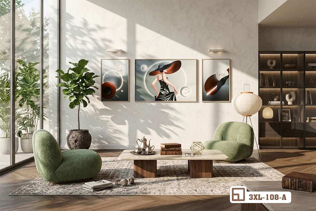 tranh thiếu nữ đội mũ treo tường phía trên sofa nỉ êm Phòng khách hiện đại trang trí tranh thiếu nữ đội mũ ấn tượng