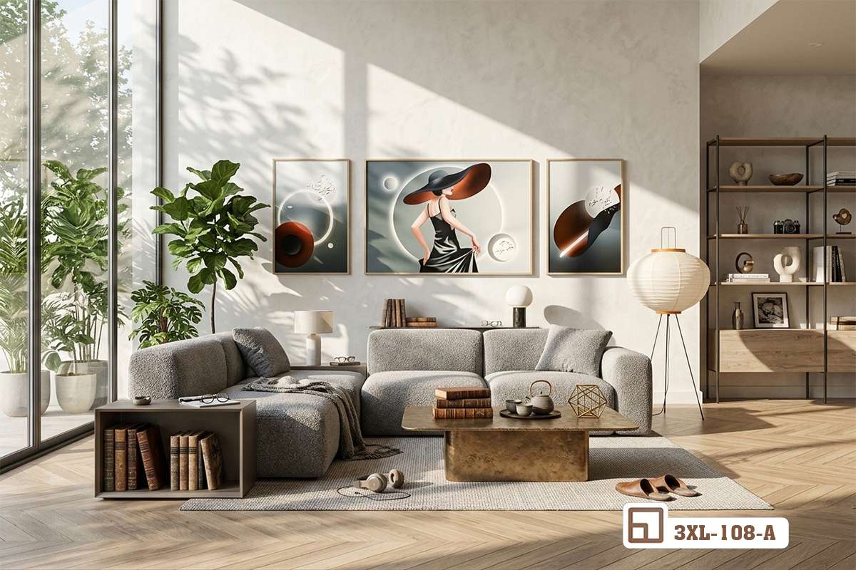 tranh thiếu nữ đội mũ nghệ thuật phối cùng bàn trà gỗ Bộ tranh canvas treo tường kết hợp bàn trà gỗ óc chó sang