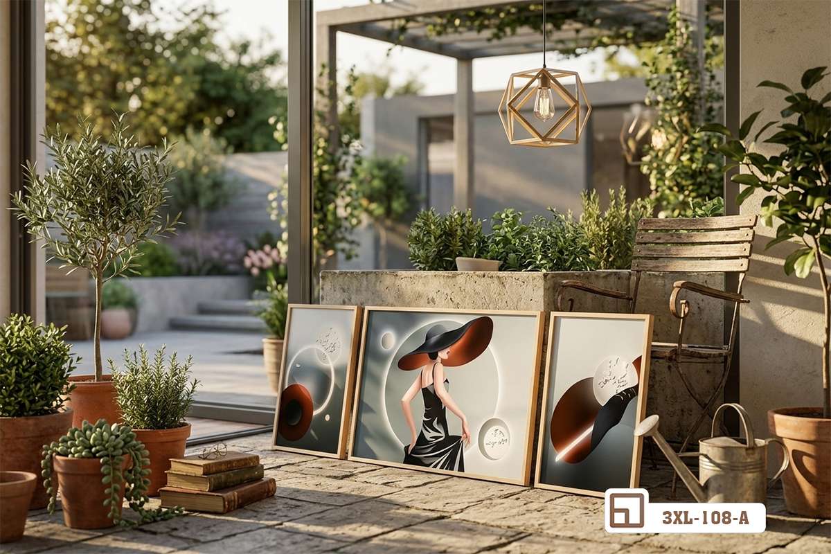 bộ tranh thiếu nữ đội mũ đặt cạnh chậu cây xanh sân vườn Tranh nghệ thuật thiếu nữ đội mũ trang trí không gian mở