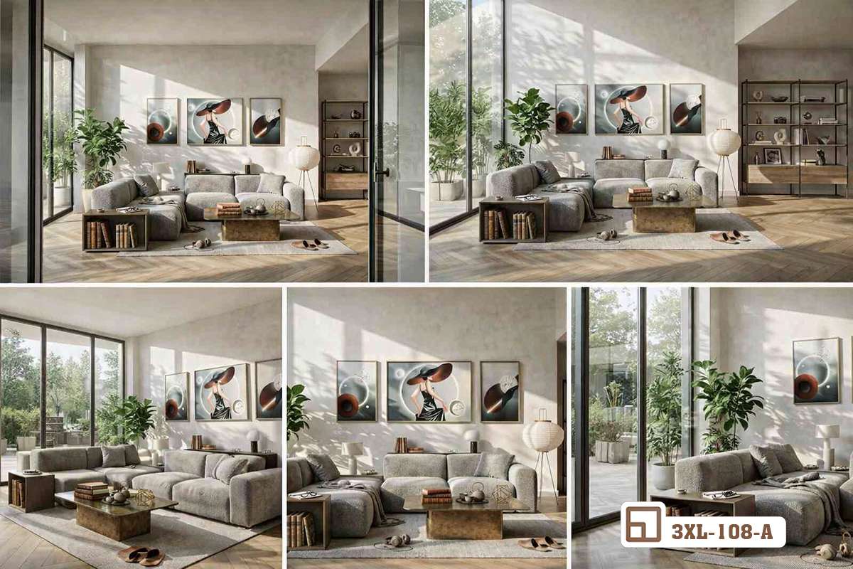 collage 4 góc tranh thiếu nữ đội mũ trong phòng khách đẹp Tổng hợp các phối cảnh tranh thiếu nữ đội mũ trong nội thất