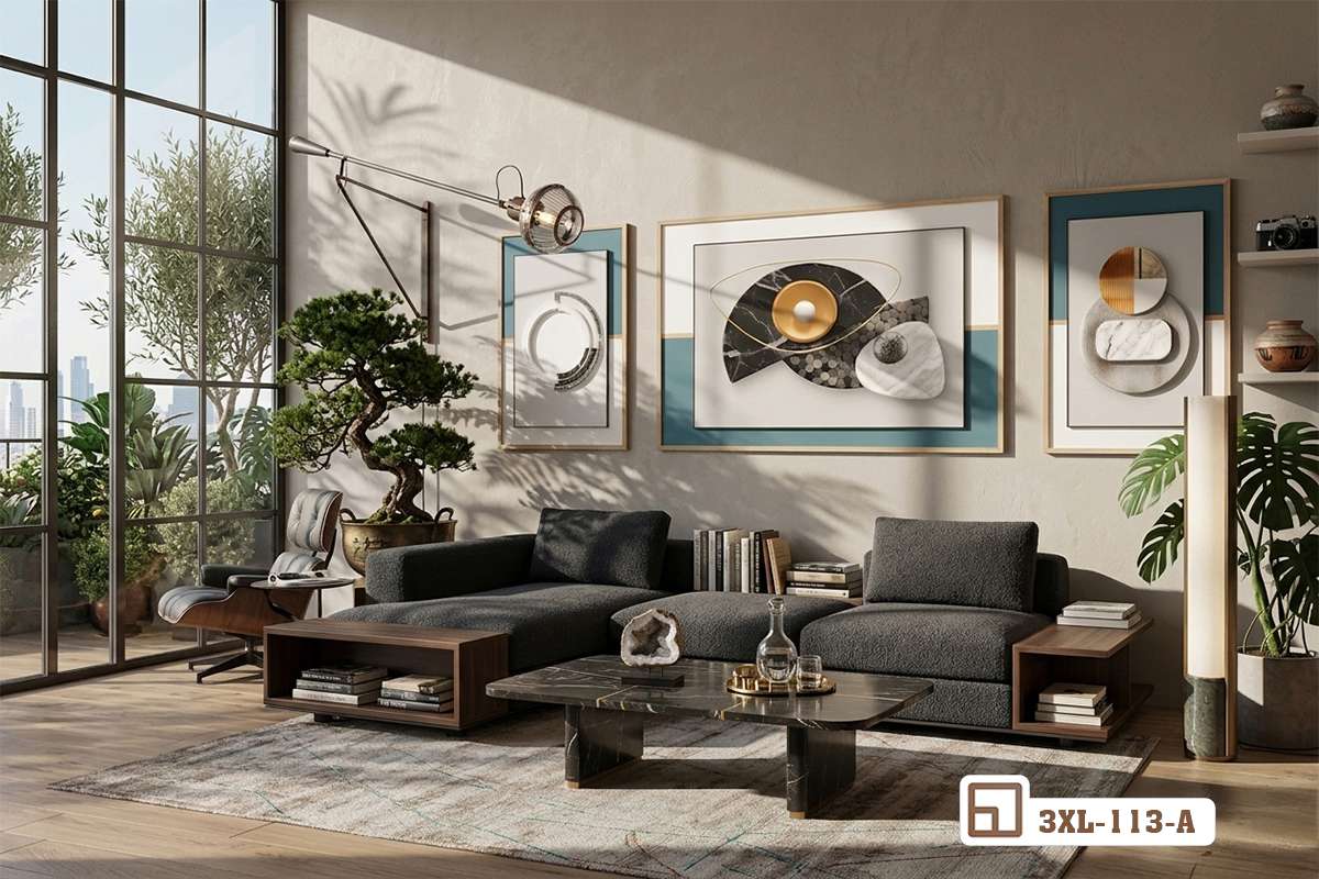 tranh hình học trừu tượng treo phòng khách sofa tối màu Bộ tranh hình học trừu tượng treo trang trí trên mảng tường phòng khách cạnh bộ sofa góc tối màu