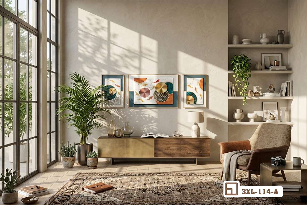 tranh cá chép tài lộc bố trí trên bức tường sáng cạnh khung cửa sổ lớn nhìn ra ngoài Góc nhìn không gian phòng khách thoáng đãng với bộ tranh cá chép tài lộc treo tường gần cửa kính lớn