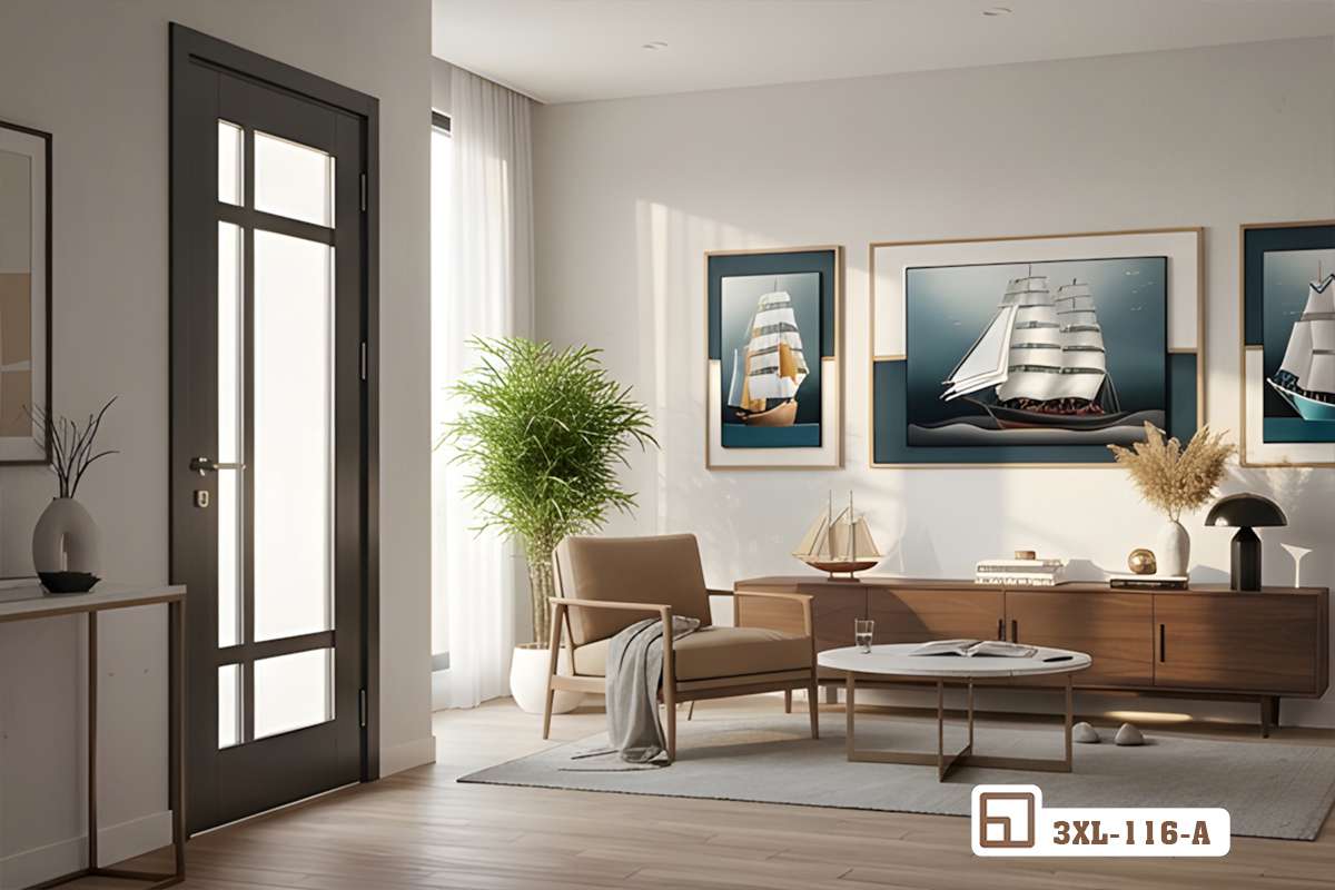 tranh thuyền buồm phong thủy góc nhìn từ cửa ra vào rộng rãi Góc nhìn từ cửa chính hướng về bộ tranh thuyền buồm phong thủy treo giữa phòng khách