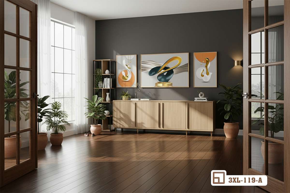 tranh hình khối trừu tượng treo tường phòng khách sàn gỗ cao cấp Bộ tranh hình khối trừu tượng treo trang trí trên mảng tường phòng khách sàn gỗ ấm áp