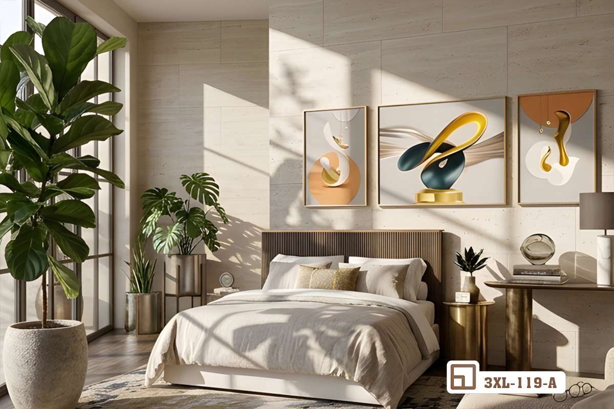 bộ tranh hình khối trừu tượng góc nhìn phòng ngủ tràn ngập ánh sáng Góc chụp nghệ thuật phòng ngủ hiện đại với bộ tranh hình khối trừu tượng treo trang trí trên mảng tường đầu giường