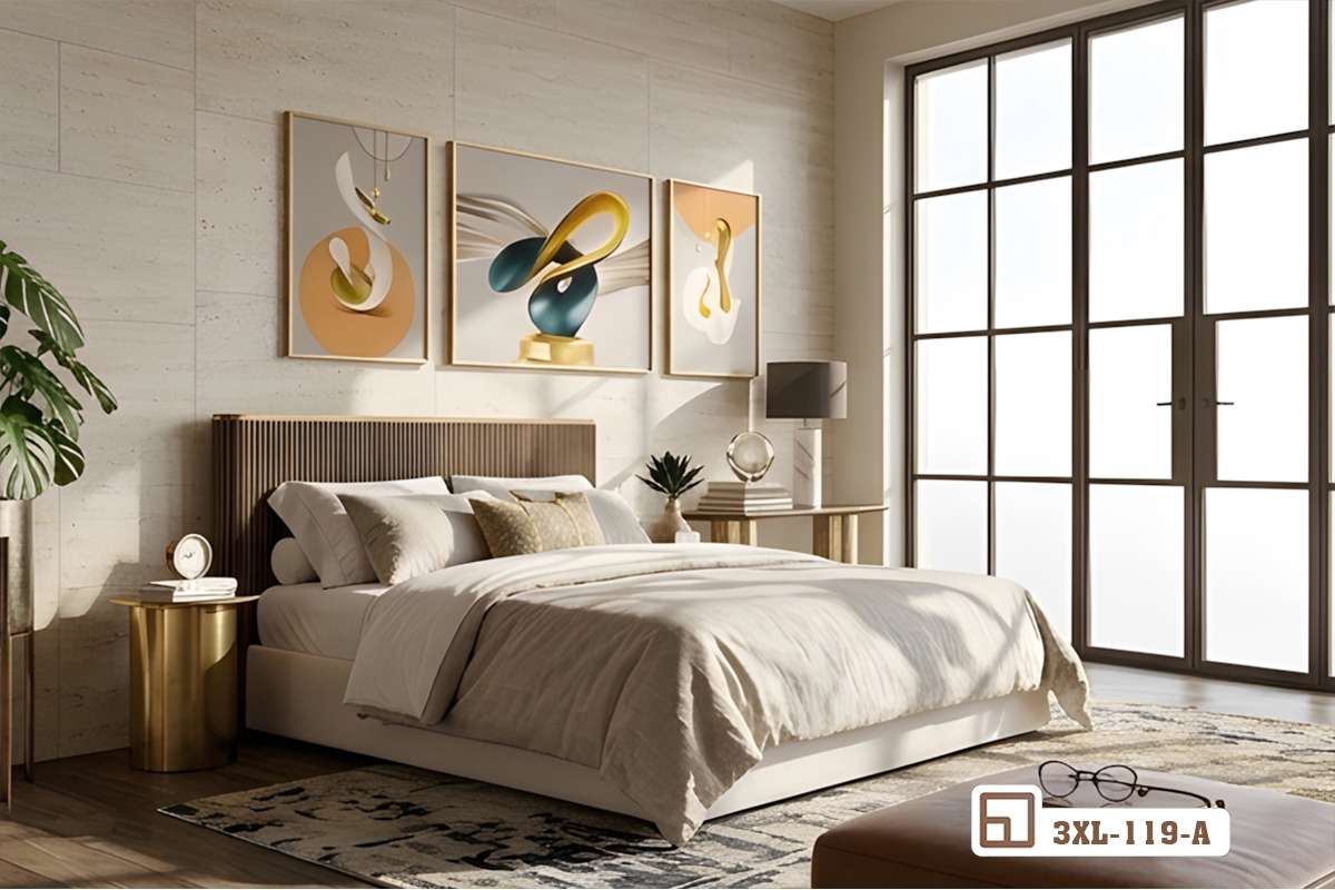 tranh hình khối trừu tượng treo tường phòng ngủ cạnh cửa kính lớn Bức tường phòng ngủ rộng rãi được điểm tô bằng bộ tranh hình khối trừu tượng cao cấp cạnh khung cửa kính